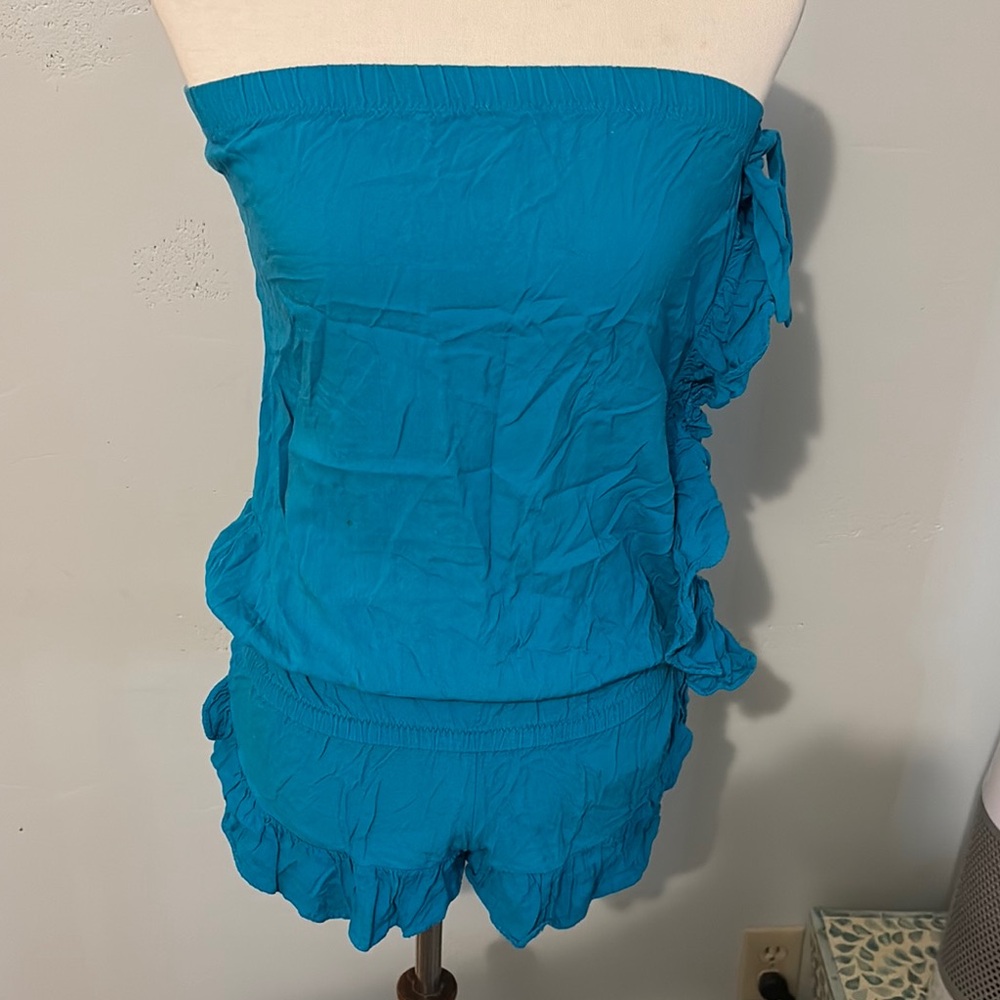 Teal Strapless Ruffle side tie Romper